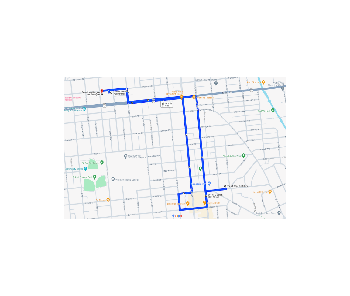 map of Pedal Pub Wilmington Cargo District route