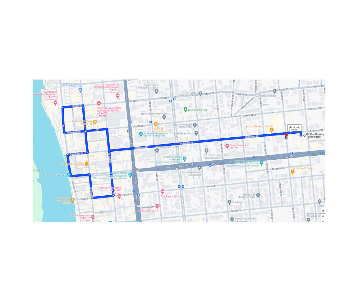 map of Pedal Pub Downtown Wilmington route